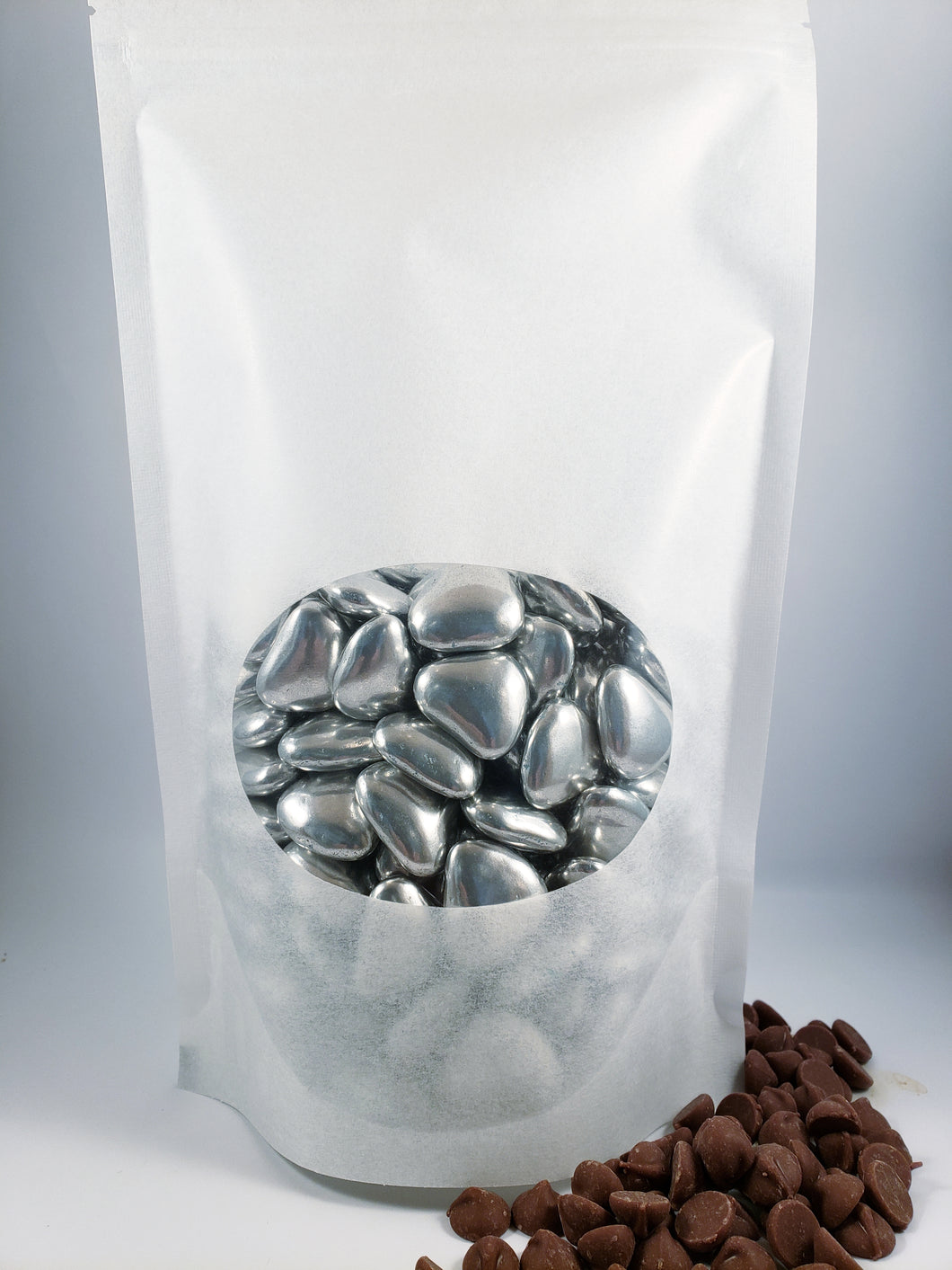 Amorini Dark Chocolate Center Candy Confetti - Silver 1 lbs
